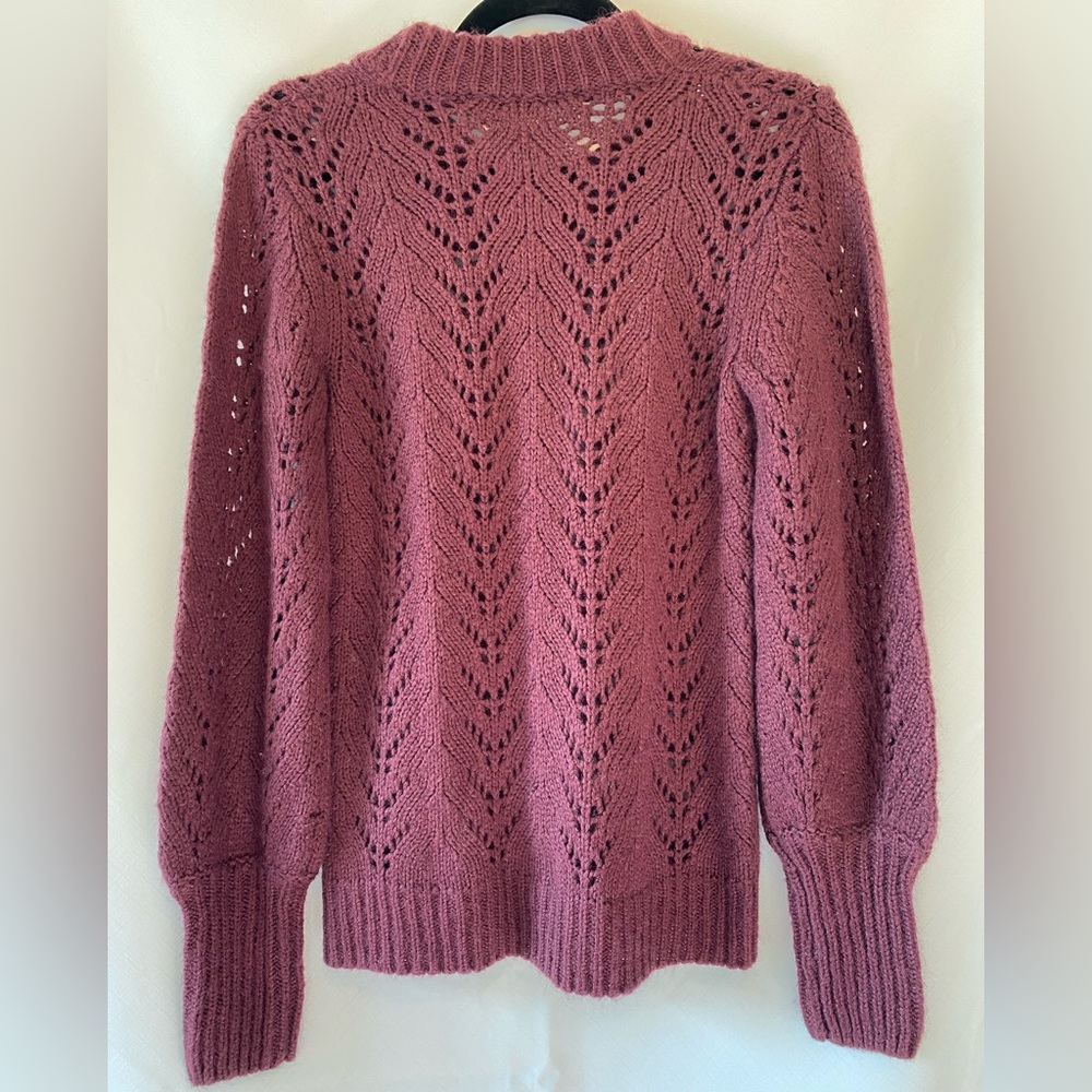 Women's Burgundy feminine Coquette Girl Open Knit Puff Sleeve Crewneck Sweater S - Picture 7 of 13